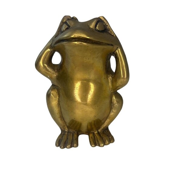 Brass Morality Frog Statue Hear No Evil Vintage MCM Whimsical Home Decor - Picture 1 of 7